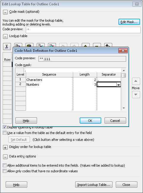 Open the Code Mask Definition dialog box to define the format of each level of an outline code.