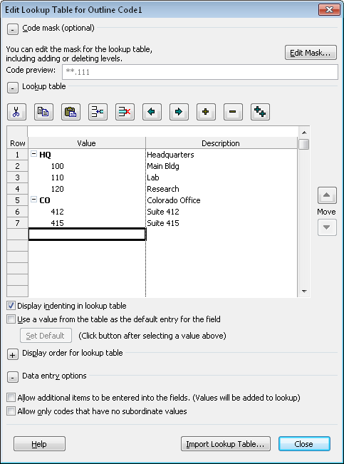 Define values in a lookup table to simplify outline code data entry.