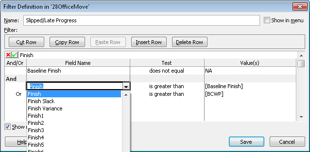 Modify the fields, tests, and values for a filter to display only the tasks that meet your criteria.