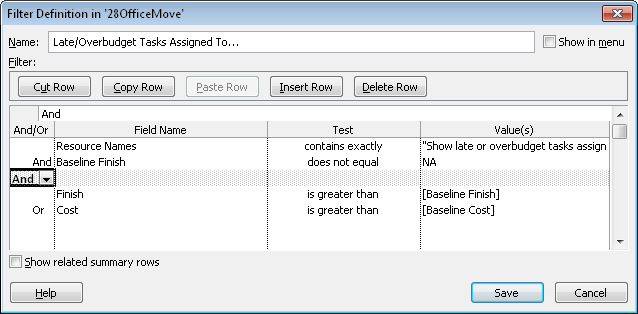 Use And or Or operators in otherwise empty rows to control the order of test evaluation for a filter.