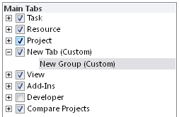 The custom tab is inserted after the selected tab and includes a blank custom group.