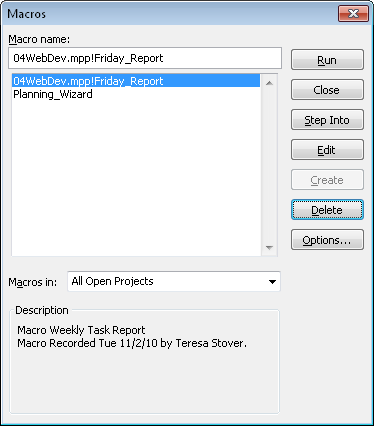Select the macro you want to run from the Macros dialog box.