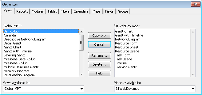 Use the Organizer to copy customized elements to the project global template and make those elements available to other projects.