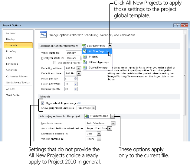 Settings that include the Options For This Project menu apply by default only to the current project file. However, you can set those options as a general Project-wide default by clicking All New Projects.