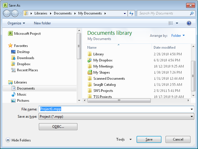 Use the Save As dialog box to browse to the folder where you want to save your new project file.