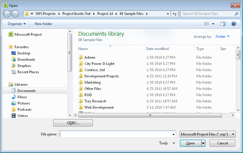 See your list of folders and files and open your project files by using the Open dialog box.