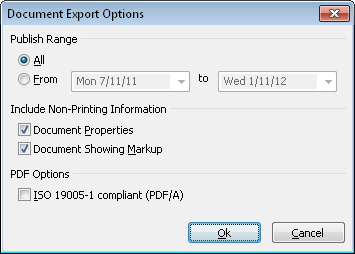 Specify options for the PDF or XPS file in the Document Export Options dialog box.