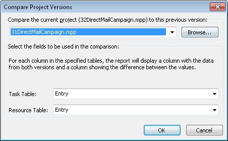 Specify the projects and fields you want to compare by using the Compare Project Versions dialog box.