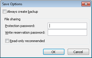 Set file backups and passwords in the Save Options dialog box.