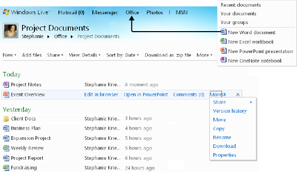 A SkyDrive folder, where you can store, view, edit, share, and even create Microsoft Office documents.