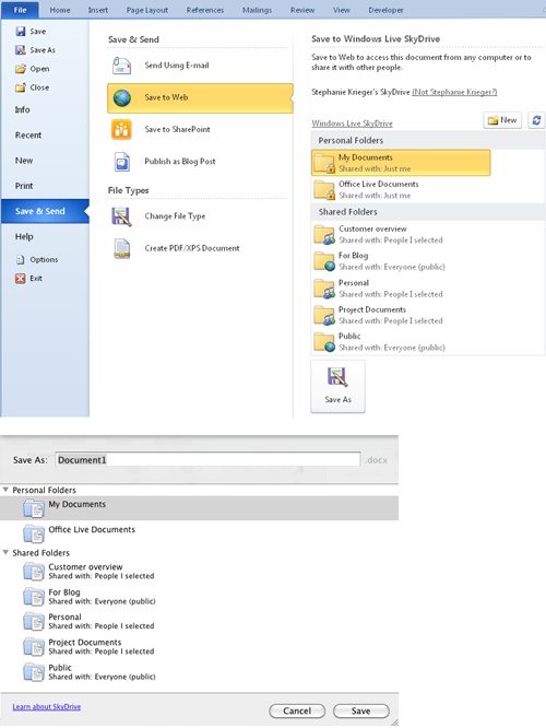 Save To SkyDrive options, shown in Word 2010 (top) and Word for Mac 2011 (bottom).