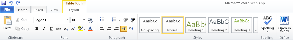 The Word Web App Ribbon showing the Table Tools Layout contextual tab.