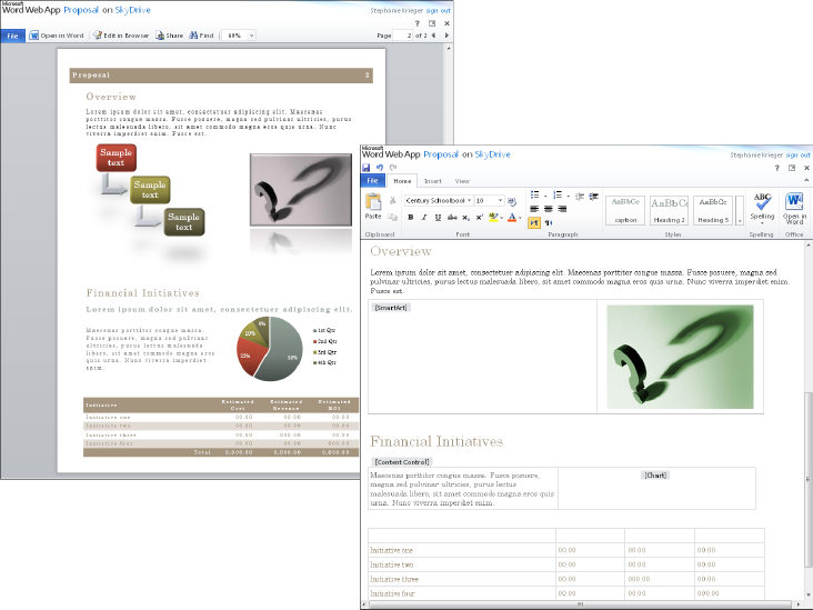 The same document seen in both view mode (left) and edit mode (right) in Word Web App.