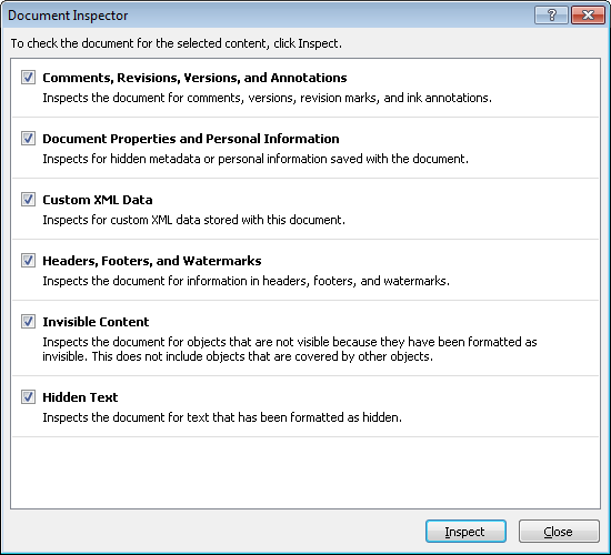 Document Inspector options, shown here for Word, vary by program.