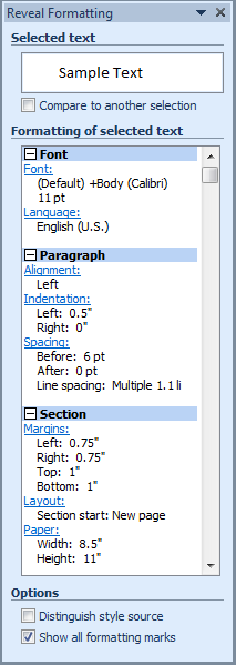 The Reveal Formatting task pane in Word 2010.