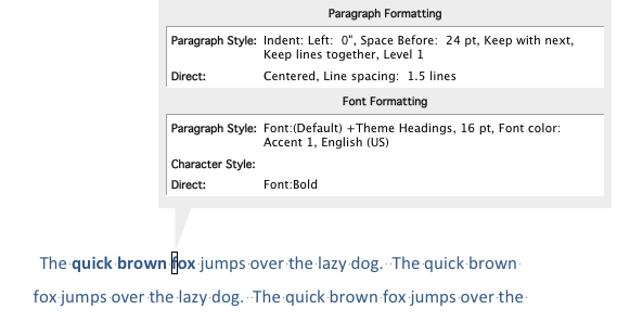 Reveal Formatting in use in Word 2011.