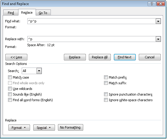 The Replace dialog box, shown in Word 2010.