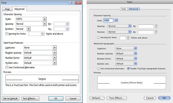 The Advanced tab of the Font dialog box, shown in Word 2010 (left) and Word 2011 (right).