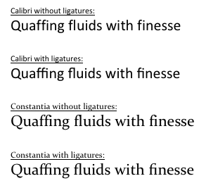 Ligature examples, shown in the Calibri and Constantia fonts.