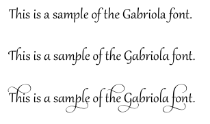 The Gabriola font shown with default glyphs (top), stylistic set five (center), and stylistic set seven (bottom).