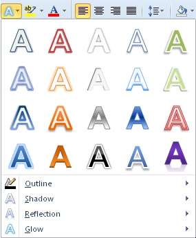 The Text Effects gallery is available on the Home tab, in the Font group in Word 2010 and in Print Layout view for Word 2011.