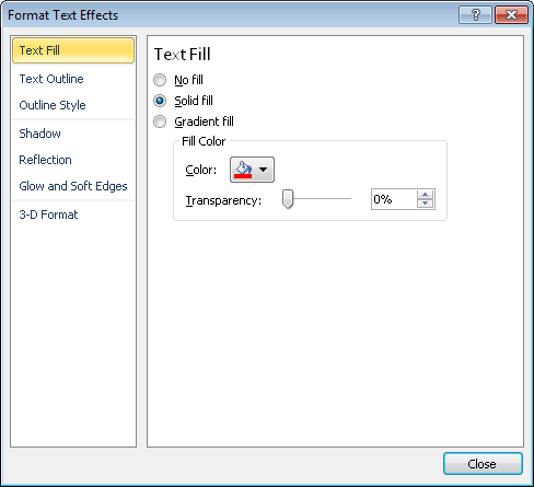 The Format Text Effects dialog box.