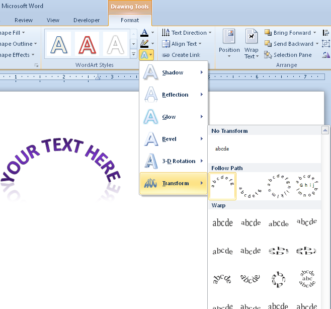 Text in a text box within Word formatted using a WordArt Transform option.