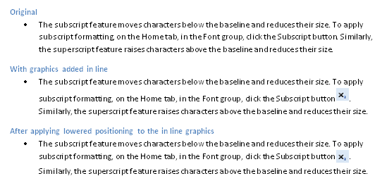 Three paragraphs that are identical other than the icon image that appears in paragraphs two and three. Lowering the character position on the icon image in paragraph three corrects line spacing that was altered in paragraph two by the height of the image.