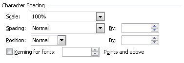 Character Spacing options shown on the top of the Advanced tab of the Font dialog box.