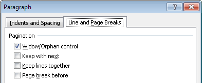 Pagination options appear at the top of the Line And Page Breaks tab in the Paragraph dialog box.