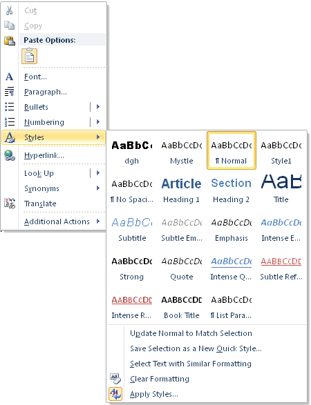 Styles gallery options available from the right-click shortcut menu in Word 2010.