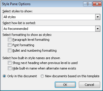 The Style Pane Options dialog box in Word 2010.