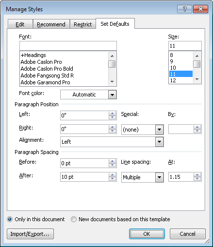 The Set Defaults tab of the Manage Styles dialog box in Word 2010.