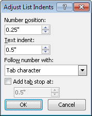 The Adjust List Indents dialog box