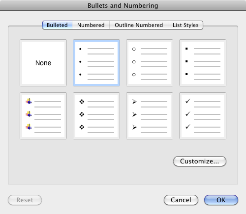 The Bullets And Numbering dialog box in Word 2011.