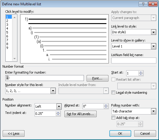 The Define New Multilevel List dialog box, shown in Word 2010. Notice the Enter Formatting For Number box (called Number Format in all other list-related formatting dialog boxes).