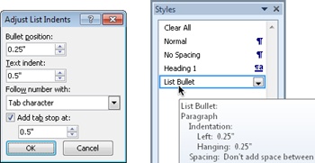 The same list indent settings shown in the Adjust List Indents dialog box and in the corresponding paragraph style definition.