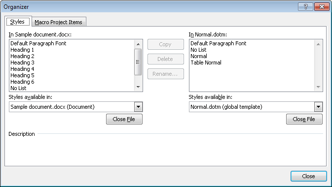 The Styles tab of the Organizer dialog box.