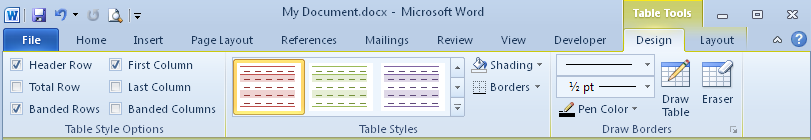 The Table Styles gallery on the Table Tools Design tab in Word 2010. The same gallery and additional options appear on the Tables tab in Word 2011.