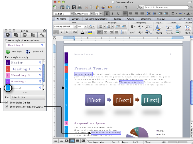 Style guides and direct formatting guides in use in a Word 2011 Print Layout view document.