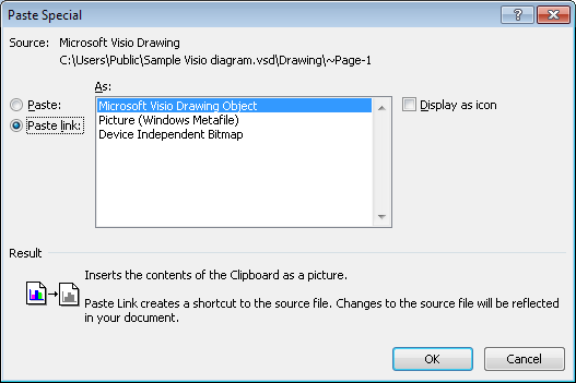 The Paste Special dialog box, shown in Word 2010, with one example of the options you might see when pasting a graphic.