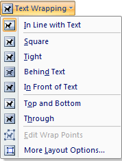 Text wrapping options, shown in Word 2010.