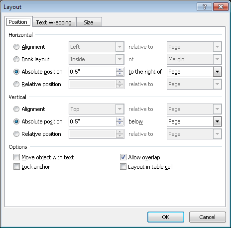 The Position tab of the Layout dialog box, shown in Word 2010.