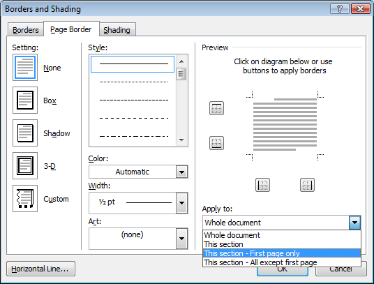 The Page Borders tab of the Borders And Shading dialog box, shown in Word 2010.