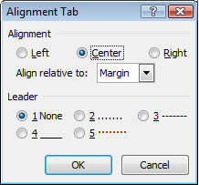 The Insert Alignment Tab dialog box in Word 2010.