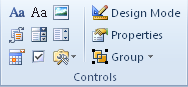 The Controls group on the Developer tab in Word 2010.