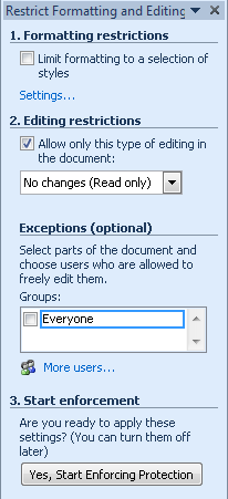 The Restrict Formatting And Editing pane in Word 2010.