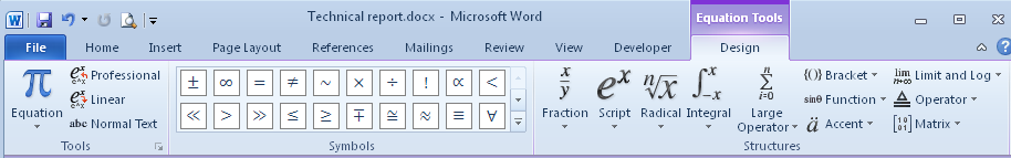 The Equation Tools Design tab, shown in Word 2010. Note that a tab with comparable tools is called Equation Tools in Word 2011.