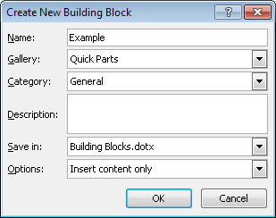 The Create New Building Block dialog box in Word 2010.