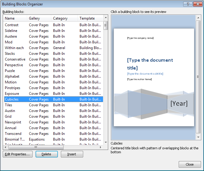 The Building Blocks Organizer dialog box in Word 2010.